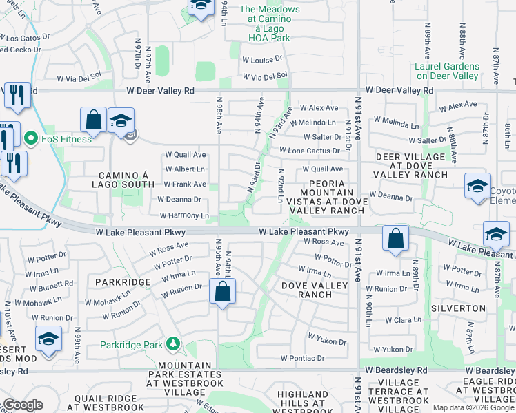 map of restaurants, bars, coffee shops, grocery stores, and more near 9359 West Harmony Lane in Peoria