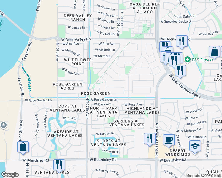 map of restaurants, bars, coffee shops, grocery stores, and more near 21101 North 106th Avenue in Peoria