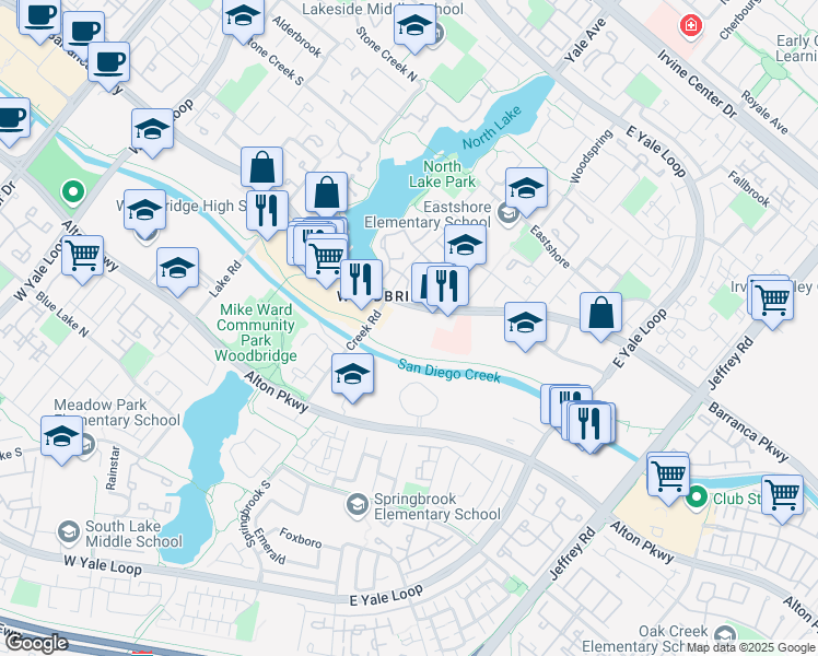 map of restaurants, bars, coffee shops, grocery stores, and more near 33 Creek Road in Irvine