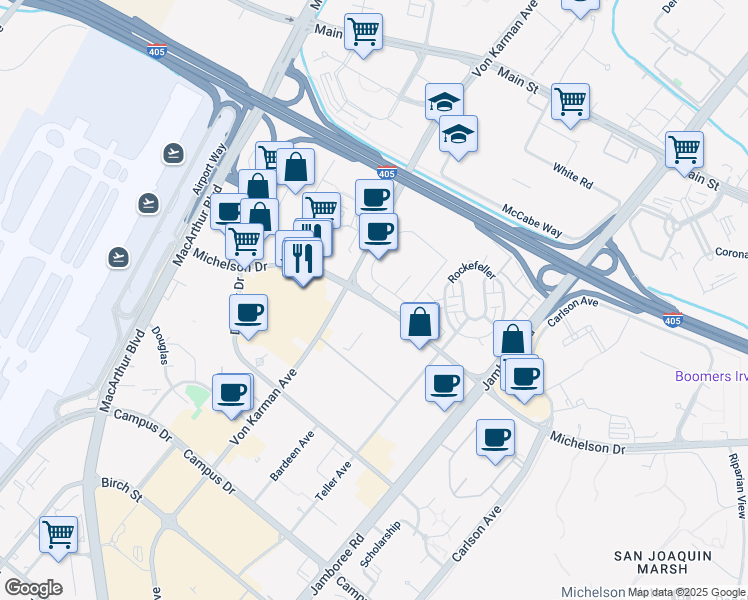 map of restaurants, bars, coffee shops, grocery stores, and more near 300 Michelson Drive in Irvine