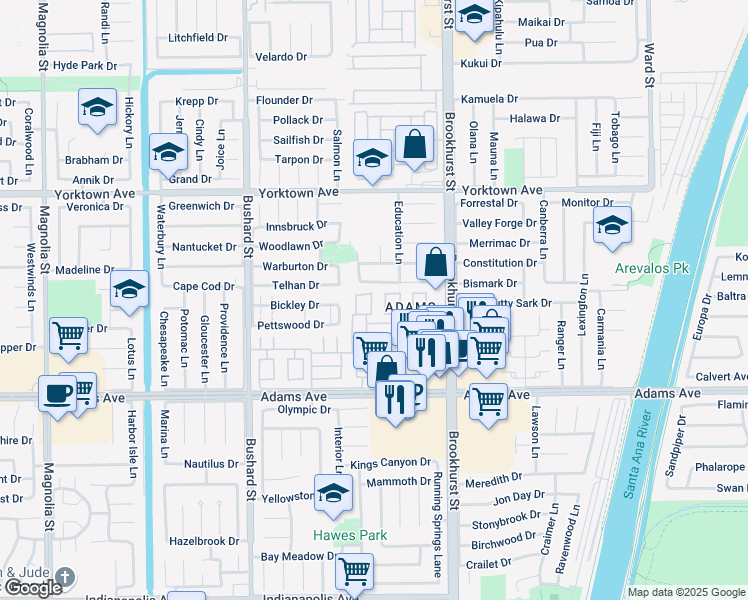 map of restaurants, bars, coffee shops, grocery stores, and more near 9805 Continental Drive in Huntington Beach