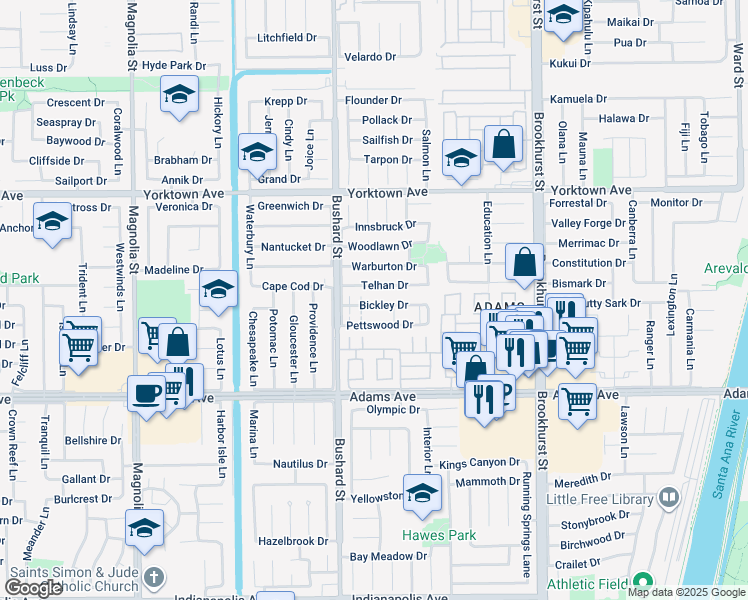 map of restaurants, bars, coffee shops, grocery stores, and more near 9565 Pettswood Drive in Huntington Beach