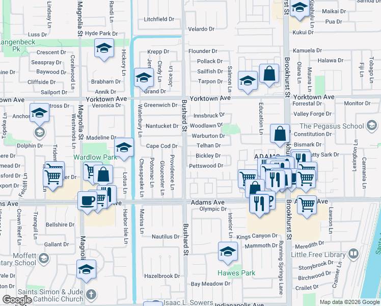 map of restaurants, bars, coffee shops, grocery stores, and more near 9565 Pettswood Drive in Huntington Beach