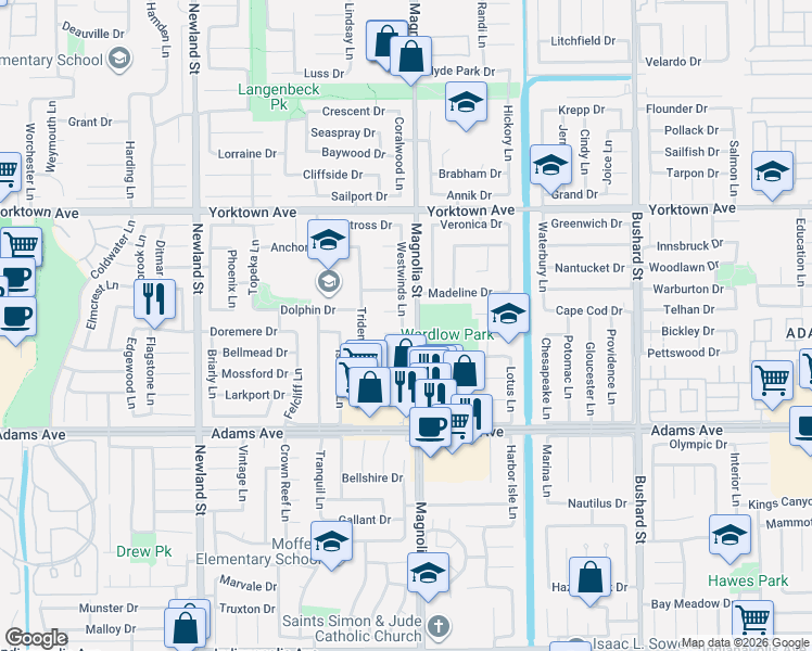 map of restaurants, bars, coffee shops, grocery stores, and more near 19752 Westwinds Lane in Huntington Beach