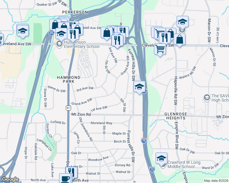 map of restaurants, bars, coffee shops, grocery stores, and more near 2906 Grand Avenue Southwest in Atlanta