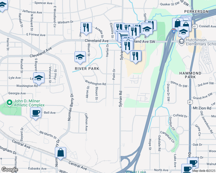map of restaurants, bars, coffee shops, grocery stores, and more near 2931 Palm Drive in East Point