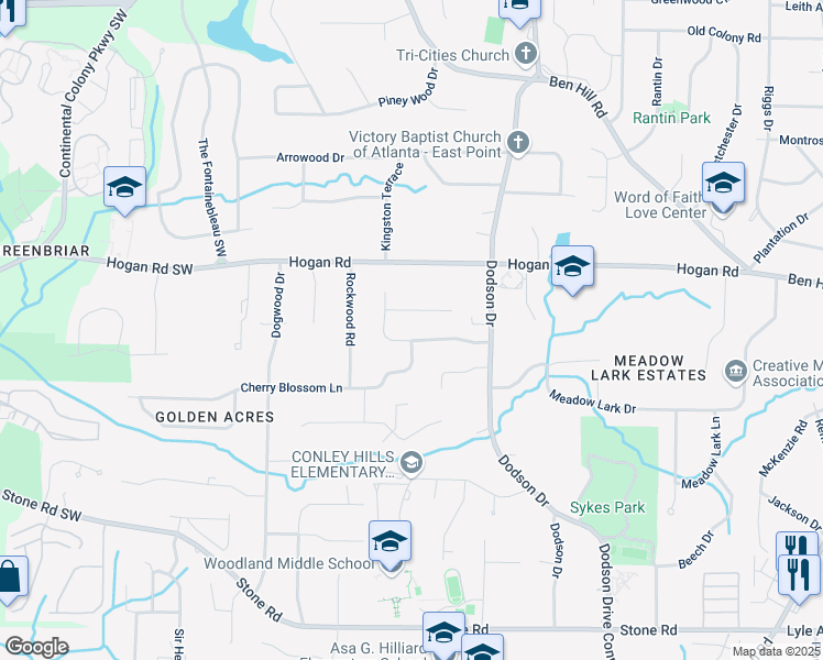map of restaurants, bars, coffee shops, grocery stores, and more near 2795 Dodson Lee Drive in East Point