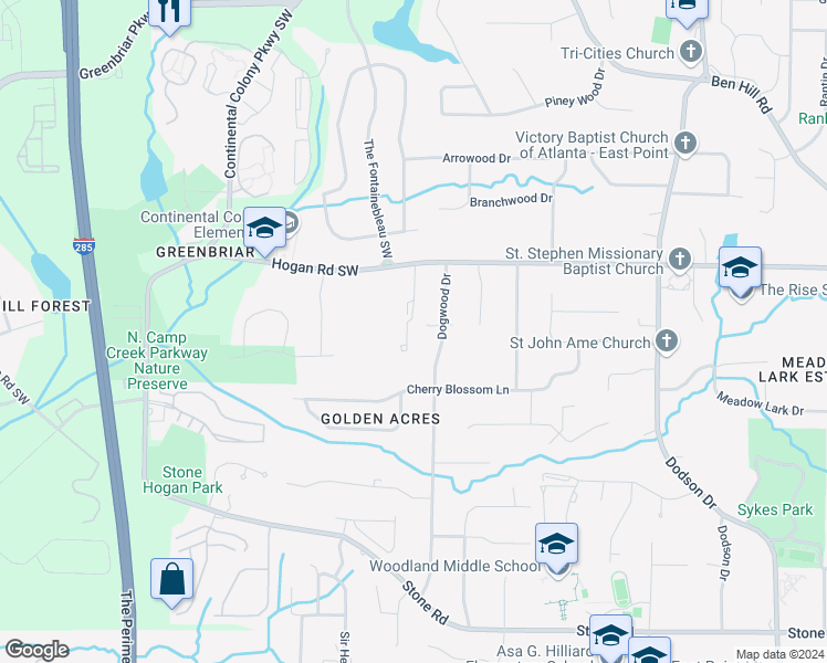 map of restaurants, bars, coffee shops, grocery stores, and more near 2953 Dogwood Drive in East Point