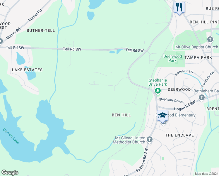 map of restaurants, bars, coffee shops, grocery stores, and more near 4006 Riverchess Drive Southwest in Atlanta