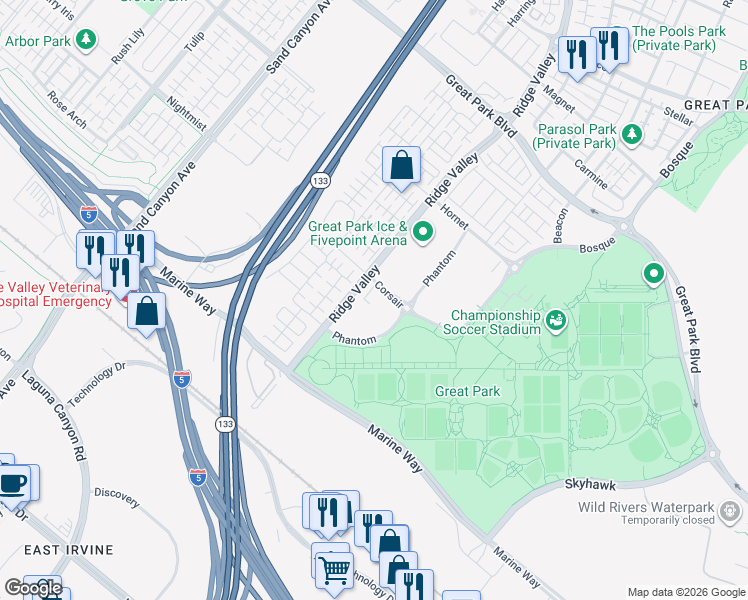map of restaurants, bars, coffee shops, grocery stores, and more near 7050 Corsair in Irvine