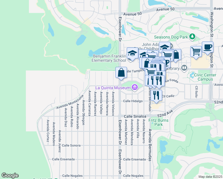 map of restaurants, bars, coffee shops, grocery stores, and more near 51311 Avenue Velasco in La Quinta