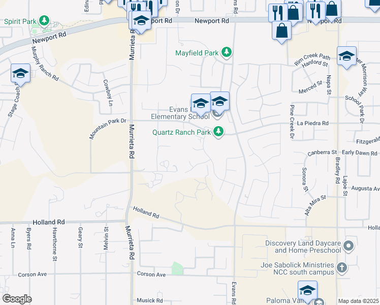 map of restaurants, bars, coffee shops, grocery stores, and more near 26221 Painted Daisy Circle in Menifee