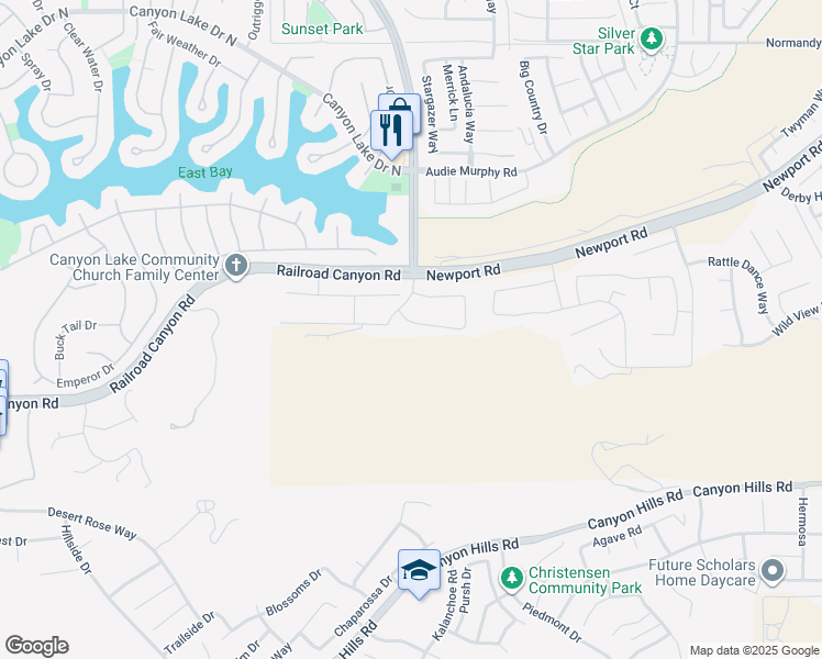 map of restaurants, bars, coffee shops, grocery stores, and more near 24347 Ponderosa Lane in Menifee