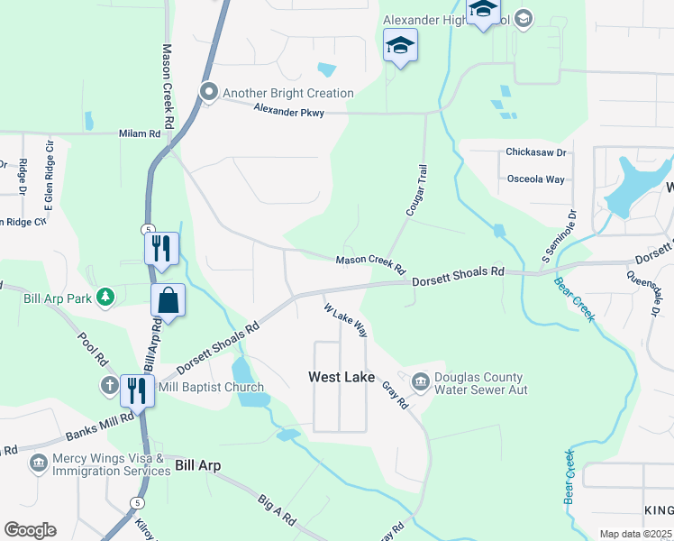map of restaurants, bars, coffee shops, grocery stores, and more near 6737 Mason Creek Road in Douglasville