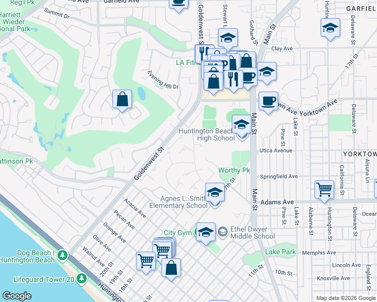 map of restaurants, bars, coffee shops, grocery stores, and more near 19642 Seawind Circle in Huntington Beach