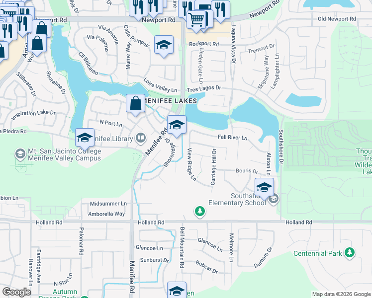 map of restaurants, bars, coffee shops, grocery stores, and more near 30688 View Ridge Lane in Menifee