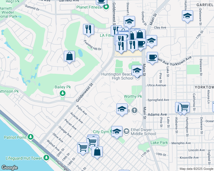 map of restaurants, bars, coffee shops, grocery stores, and more near 19642 Seawind Circle in Huntington Beach