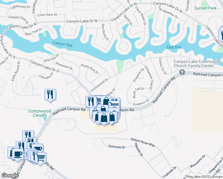 map of restaurants, bars, coffee shops, grocery stores, and more near 30635 Golden Gate Drive in Canyon Lake