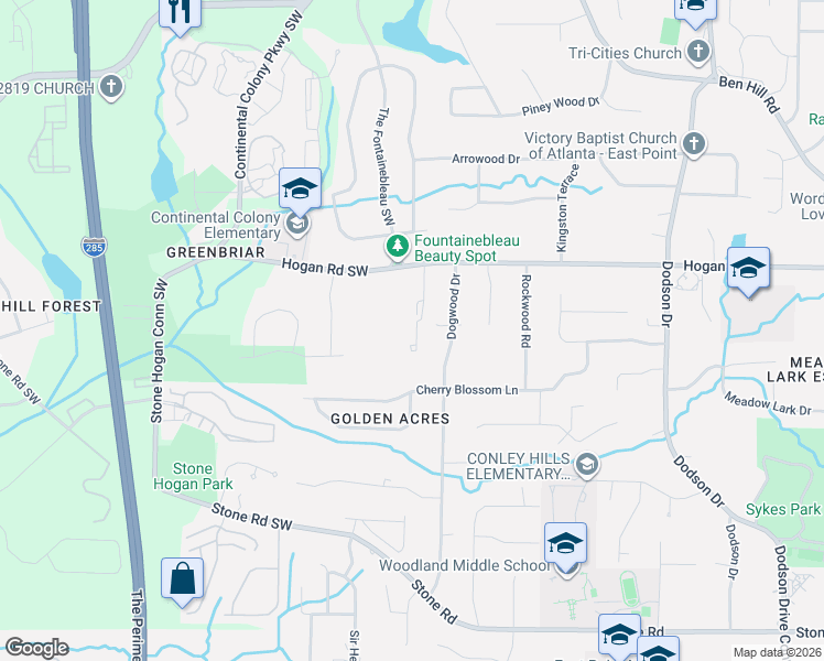 map of restaurants, bars, coffee shops, grocery stores, and more near Pine Canyon Drive Southwest in Atlanta