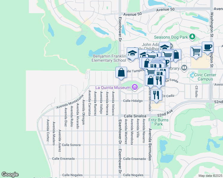 map of restaurants, bars, coffee shops, grocery stores, and more near 51311 Avenue Velasco in La Quinta