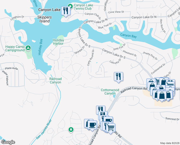 map of restaurants, bars, coffee shops, grocery stores, and more near 30610 Early Round Drive in Canyon Lake