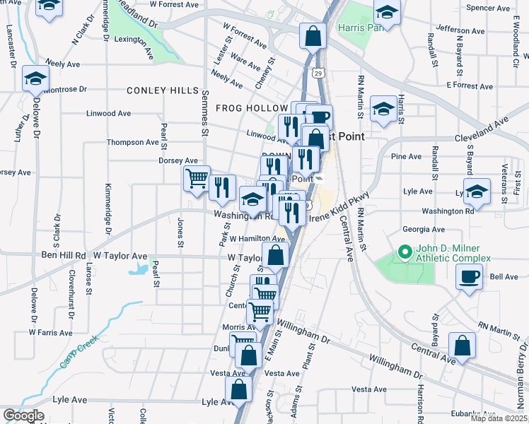map of restaurants, bars, coffee shops, grocery stores, and more near 1683 Washington Road in East Point