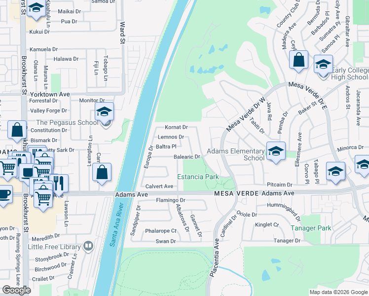 map of restaurants, bars, coffee shops, grocery stores, and more near 2858 Inroz Drive in Costa Mesa