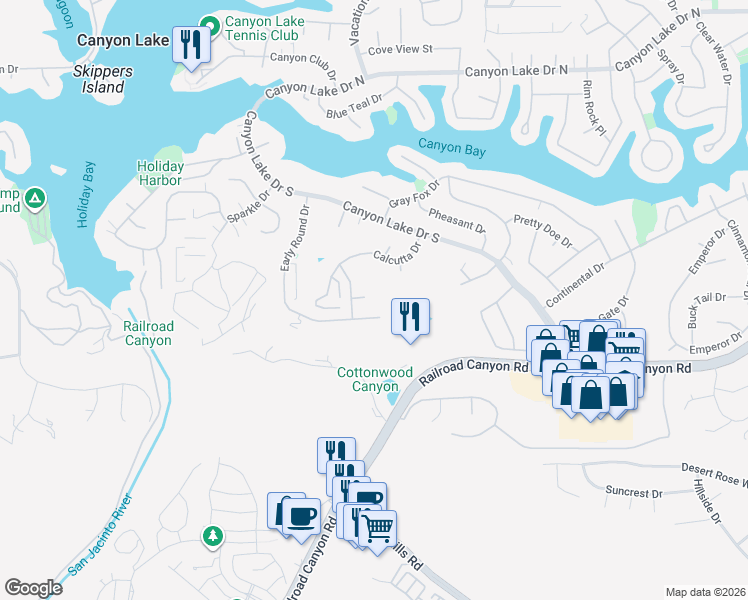 map of restaurants, bars, coffee shops, grocery stores, and more near 30700 Spyglass Way in Canyon Lake