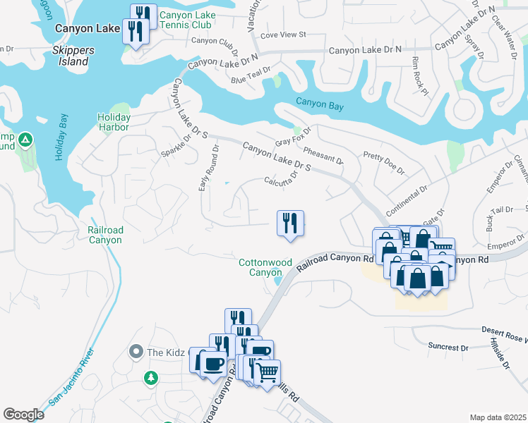 map of restaurants, bars, coffee shops, grocery stores, and more near 30674 Spyglass Way in Canyon Lake