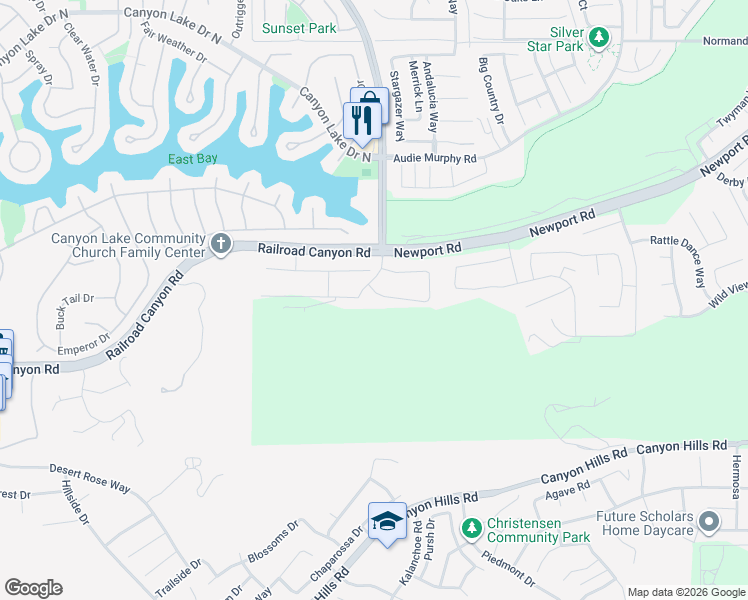 map of restaurants, bars, coffee shops, grocery stores, and more near 24331 Ponderosa Lane in Menifee