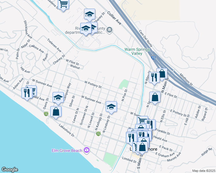 map of restaurants, bars, coffee shops, grocery stores, and more near 703 West Pottery Street in Lake Elsinore