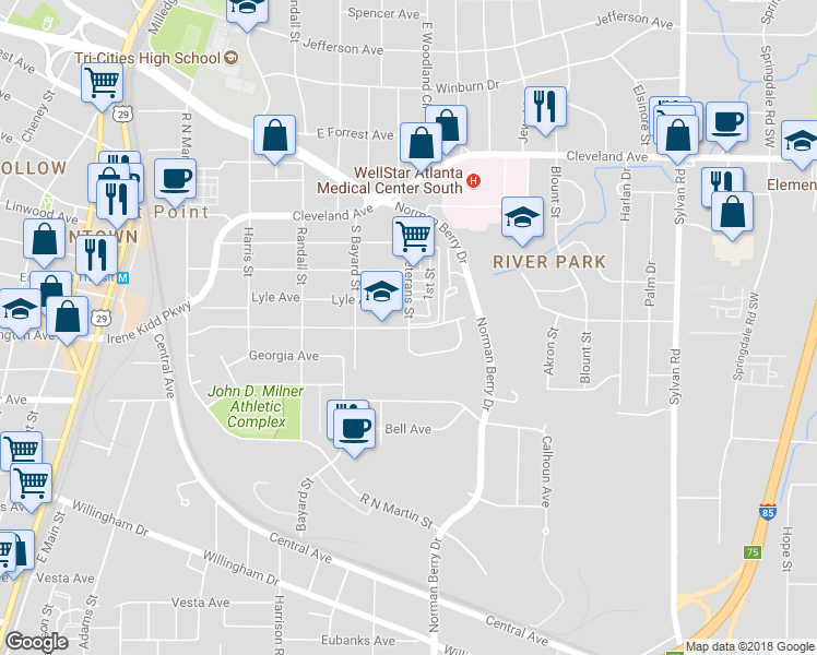map of restaurants, bars, coffee shops, grocery stores, and more near 2999 Veterans Street in East Point