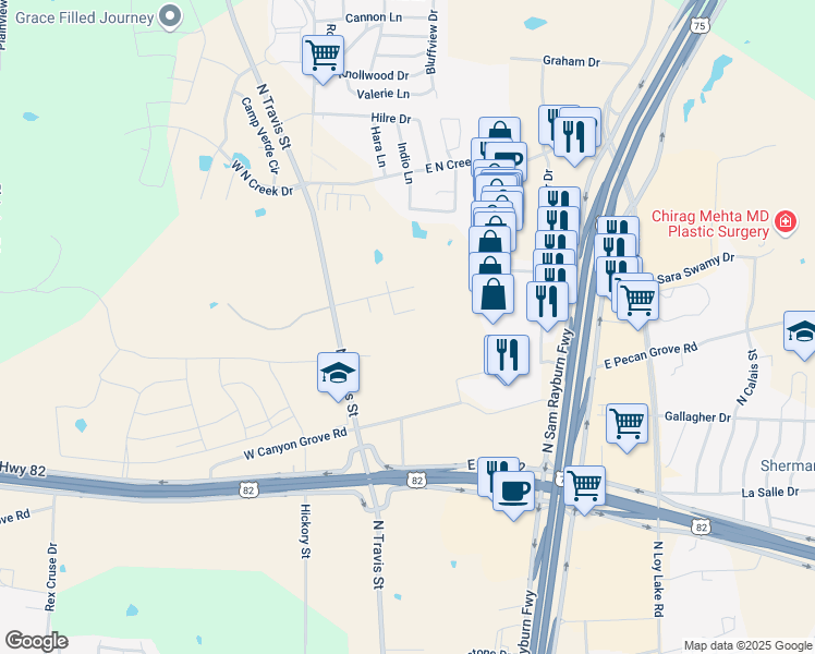 map of restaurants, bars, coffee shops, grocery stores, and more near 4401 Savannah Drive in Sherman