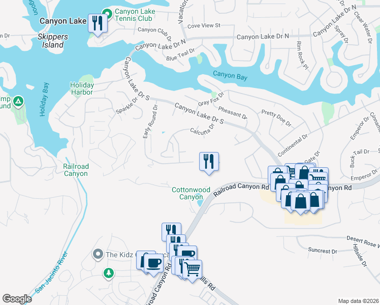 map of restaurants, bars, coffee shops, grocery stores, and more near 30700 Spyglass Way in Canyon Lake