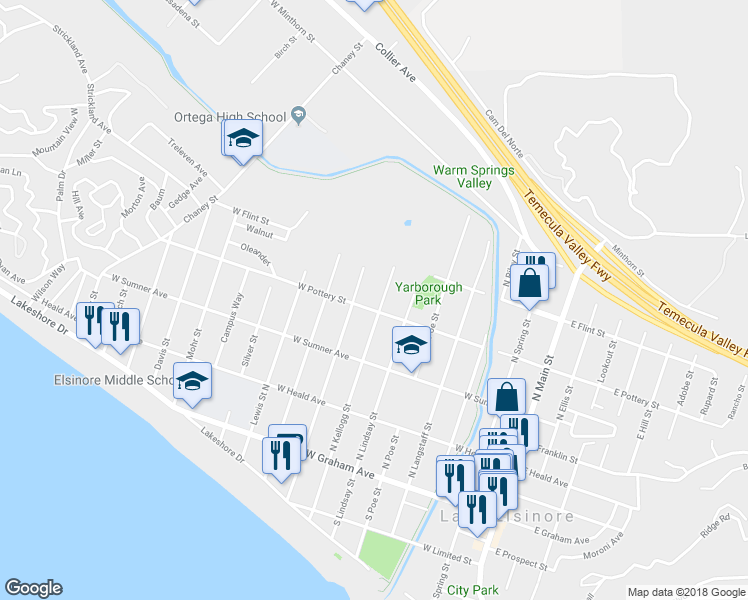map of restaurants, bars, coffee shops, grocery stores, and more near 703 West Pottery Street in Lake Elsinore