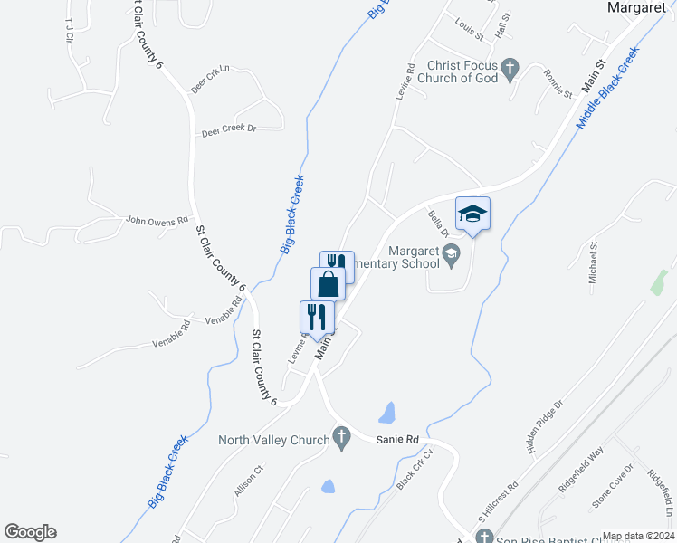 map of restaurants, bars, coffee shops, grocery stores, and more near 330 Levine Road in Odenville