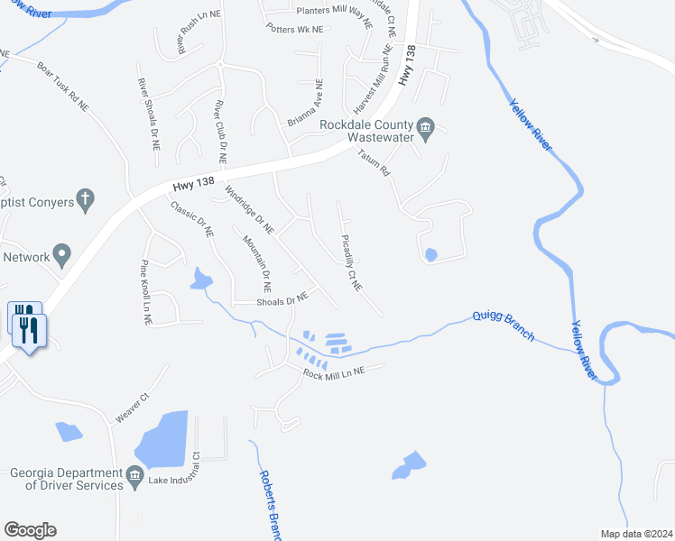 map of restaurants, bars, coffee shops, grocery stores, and more near 1521 Chelsea Downs Drive Northeast in Conyers