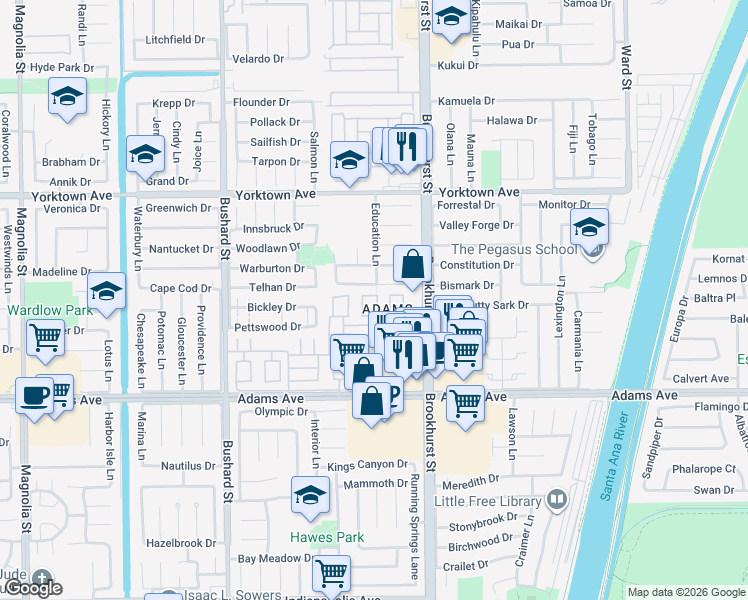 map of restaurants, bars, coffee shops, grocery stores, and more near 9848 Argyle Drive in Huntington Beach