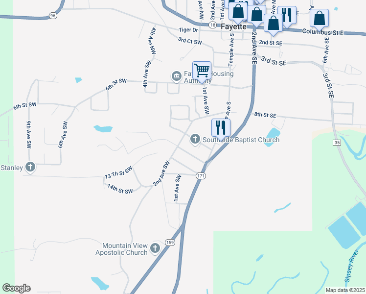 map of restaurants, bars, coffee shops, grocery stores, and more near 101-199 2nd Ave SW in Fayette