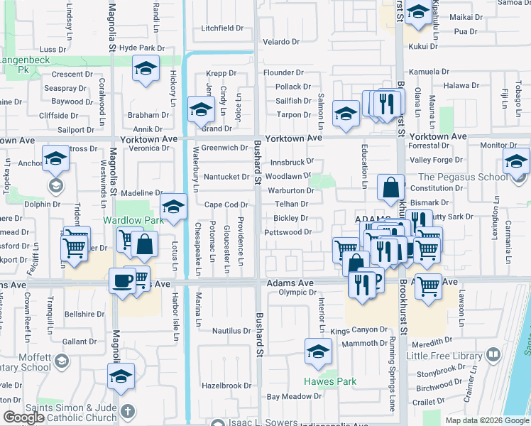 map of restaurants, bars, coffee shops, grocery stores, and more near 9534 Bickley Drive in Huntington Beach