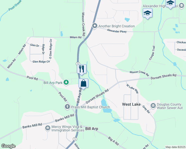map of restaurants, bars, coffee shops, grocery stores, and more near 6893 Spring Valley Court in Douglasville