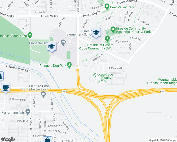 map of restaurants, bars, coffee shops, grocery stores, and more near 3609 East Monona Drive in Phoenix