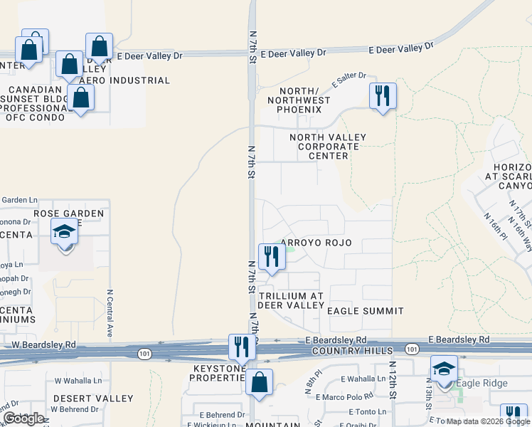 map of restaurants, bars, coffee shops, grocery stores, and more near 776 East Rose Garden Lane in Phoenix