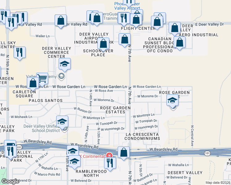 map of restaurants, bars, coffee shops, grocery stores, and more near 820 West Ross Avenue in Phoenix