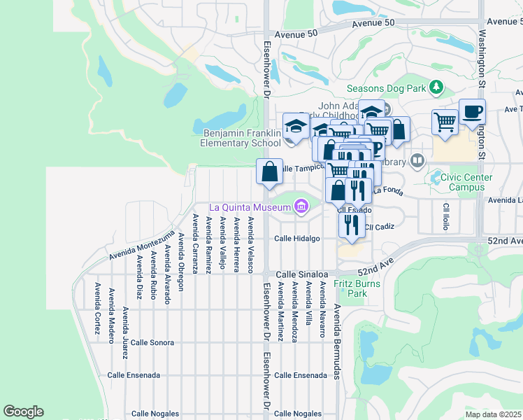 map of restaurants, bars, coffee shops, grocery stores, and more near 51225 Eisenhower Drive in La Quinta