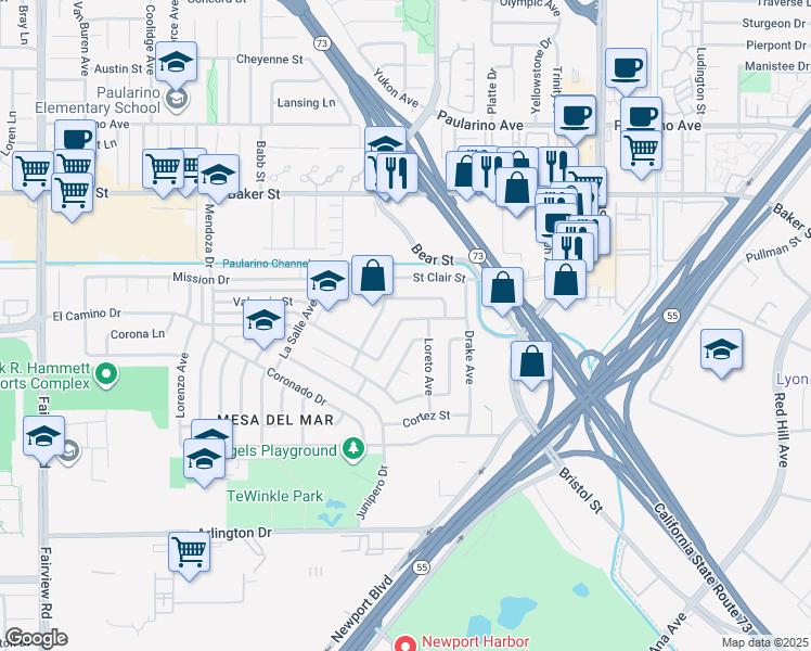 map of restaurants, bars, coffee shops, grocery stores, and more near 2884 Velasco Lane in Costa Mesa
