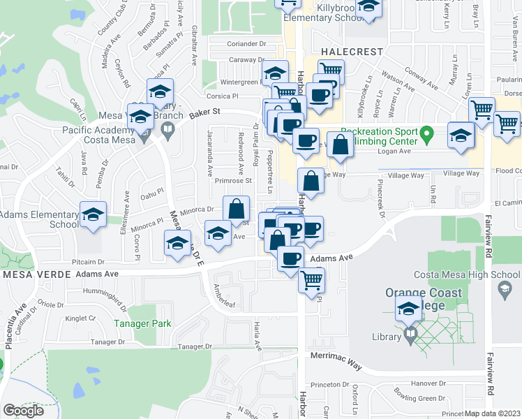 map of restaurants, bars, coffee shops, grocery stores, and more near 2912 Peppertree Lane in Costa Mesa