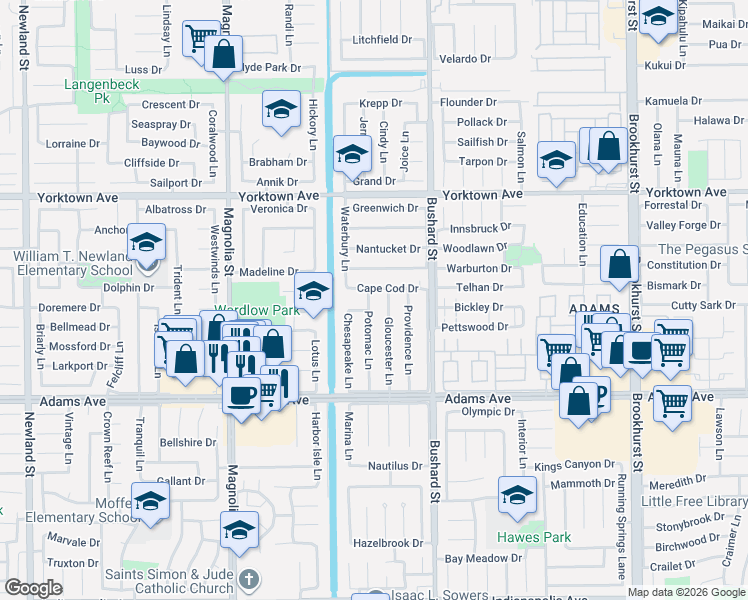 map of restaurants, bars, coffee shops, grocery stores, and more near 9371 Cape Cod Drive in Huntington Beach