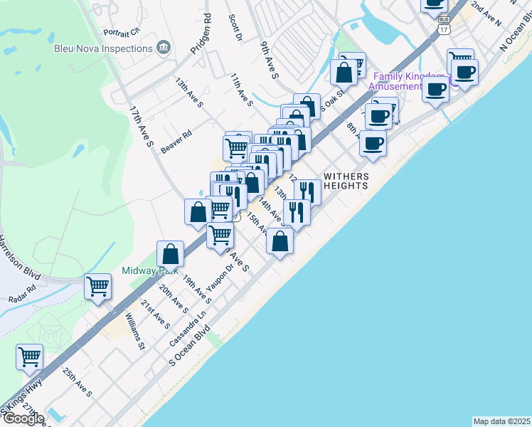 map of restaurants, bars, coffee shops, grocery stores, and more near 408 14th Avenue South in Myrtle Beach