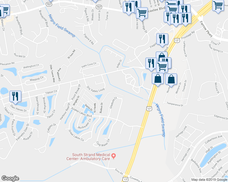 map of restaurants, bars, coffee shops, grocery stores, and more near 125 Dry Valley Loop in Myrtle Beach